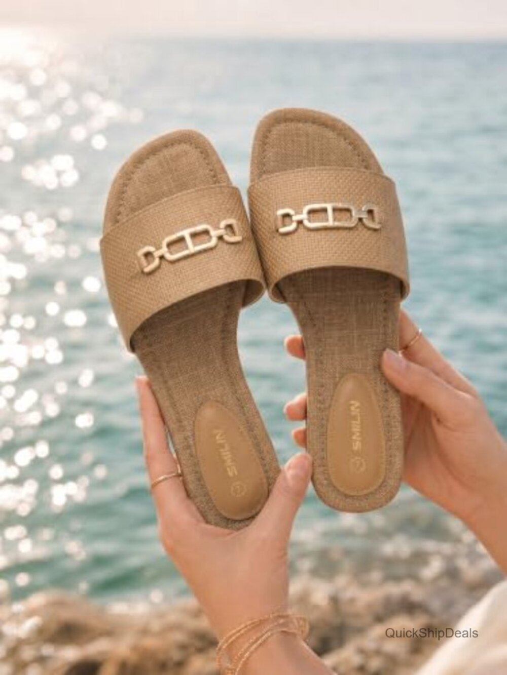 Woven Raffia Flat Slide Sandals with Gold Chain - Picture 4 of 6